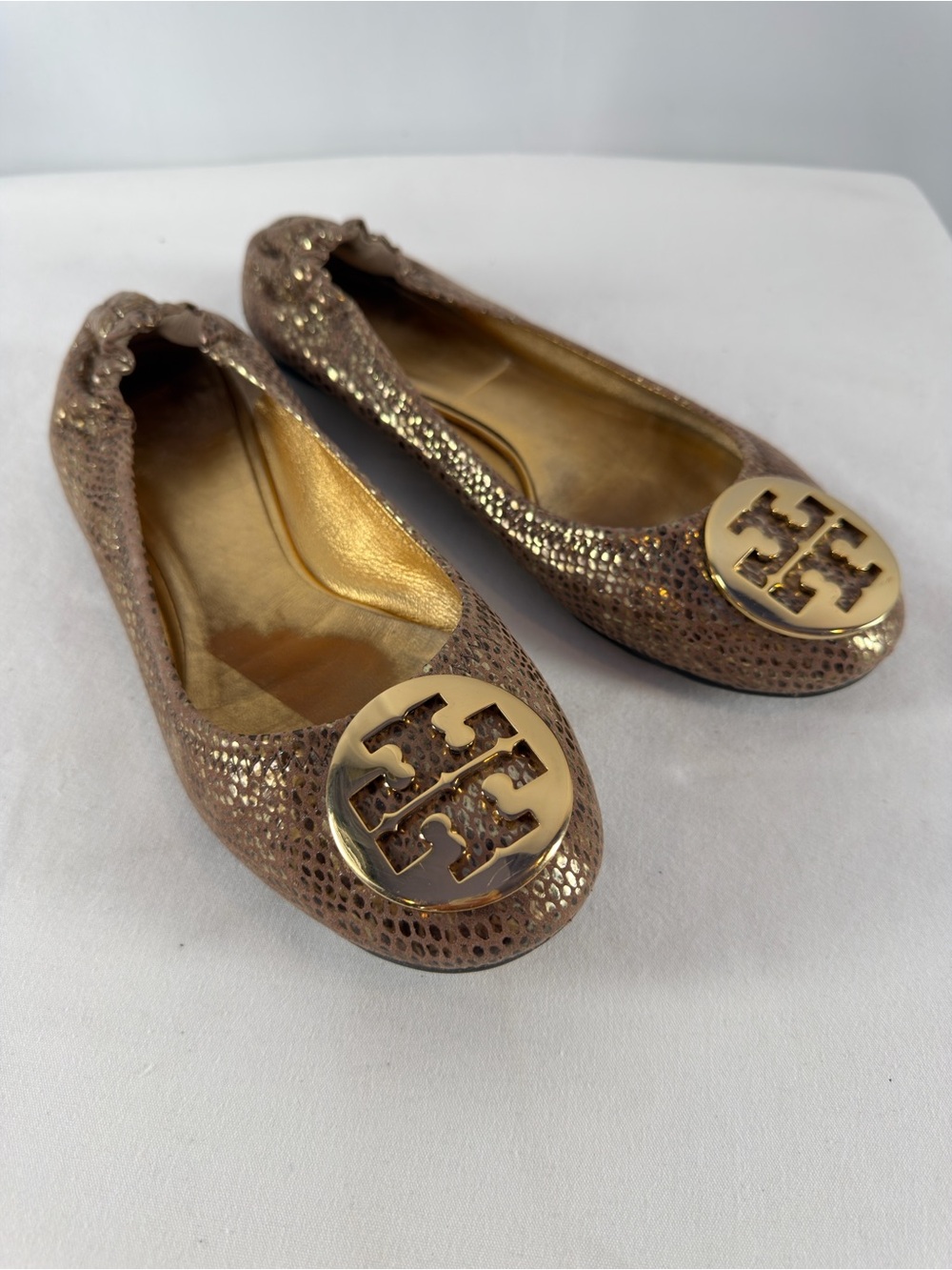 Tory Burch Snake Embossed Large Metal Logo Ballet Flat in Light Brown Gold 8.5